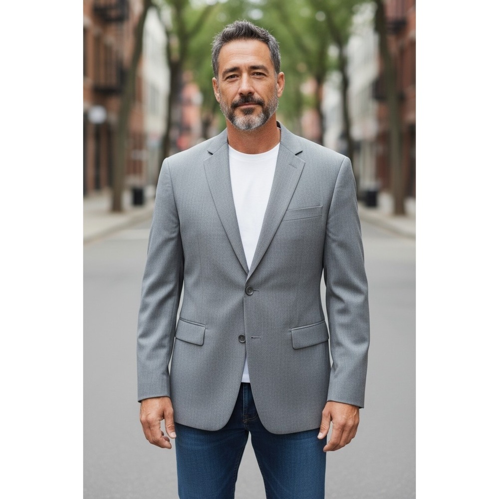 Adolfo Mens Grey Two Button Blazer Sport Coat Jacket 50S Notch Lapel Tailored